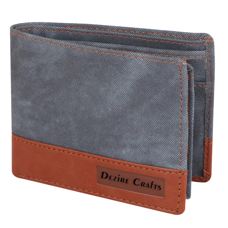 Dezire Crafts Denim PU Leather Bifold Wallet for Men | Slim & Stylish with ID Window, Coin Pocket, 3 Card Slots, 2 Currency Compartments & Hidden Pockets | Durable & Compact for Daily Use (Blue) - Image 1