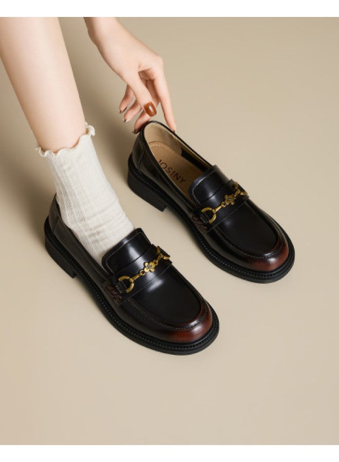 Josiny British Loafer Shoes Women 2026 New Style Super Cute Round Toe Chunky Heel Leather Shoes Versatile Slip-on Flats - Image 1