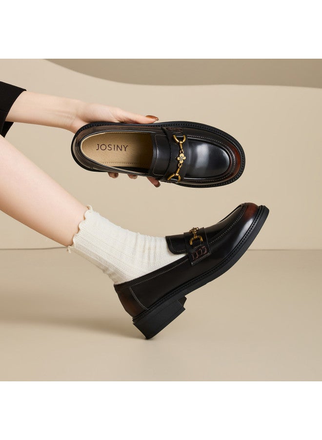 Josiny British Loafer Shoes Women 2026 New Style Super Cute Round Toe Chunky Heel Leather Shoes Versatile Slip-on Flats - Image 3
