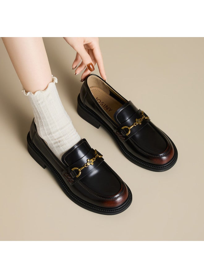 Josiny British Loafer Shoes Women 2026 New Style Super Cute Round Toe Chunky Heel Leather Shoes Versatile Slip-on Flats - Image 2