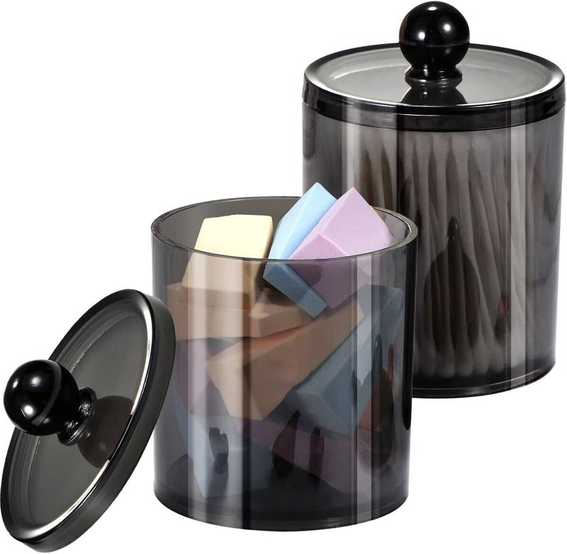 SheeChung 2 Pack of 10 Oz. Small Clear Plastic Apothecary Jar - Qtip Dispenser Holder Bathroom Vanity Storage Canister Acrylic Jar for Cotton Balls/Swabs/Rounds,Q-Tips (Black) - Image 1