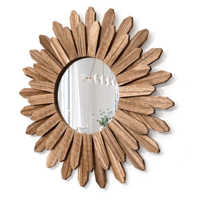 MIRROR WALL DECOR 21 INCH RUSTIC WOOD BOHO AESTHETIC MIRROR FOR ROOM HOME DECOR FARMHOUSE WALL DECOR AT LIVING ROOM BEDROOM CARBONIZED BLACK
