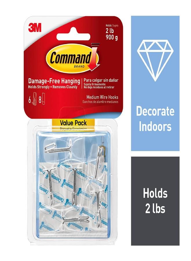 Command Command Medium Wire Toggle Hooks, Damage Free Hanging Wall Hooks with Adhesive Strips, No Tools Wall Hooks for Hanging Organizational Items in Living Spaces, 6 Clear Hooks and 8 Command Strips - Image 1