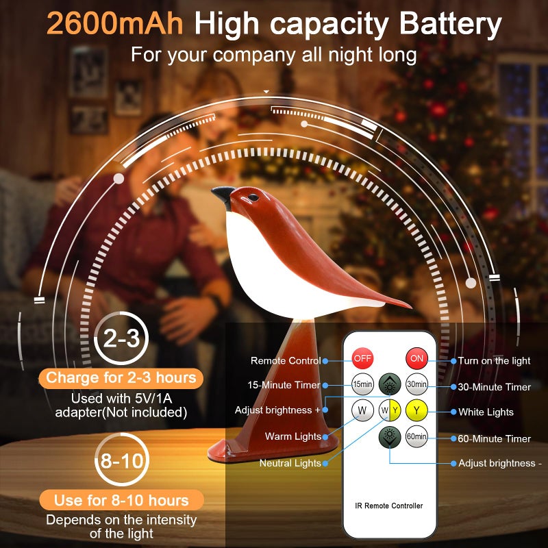GODENBA Small Desk Lamp, Small Bird Table Lamp,2600mAh Rechargeable Cordless Lamp, 3 Color Temperatures, Remote & Touch Sensor, Timer & Bird Sound, Portable Desk & Nightstand Lamp for Bedroom, Kids(Red) - Image 3