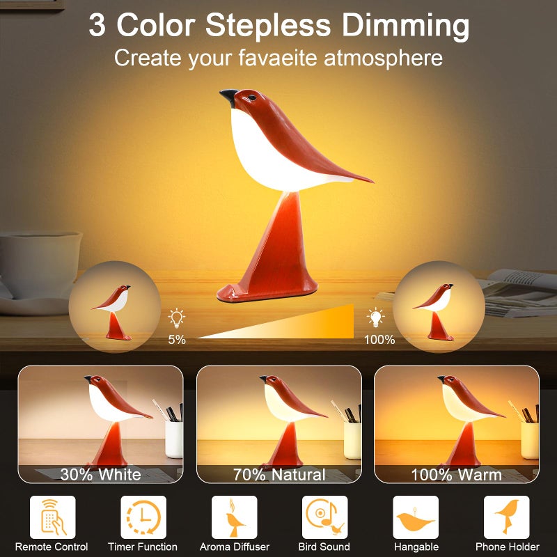 GODENBA Small Desk Lamp, Small Bird Table Lamp,2600mAh Rechargeable Cordless Lamp, 3 Color Temperatures, Remote & Touch Sensor, Timer & Bird Sound, Portable Desk & Nightstand Lamp for Bedroom, Kids(Red) - Image 2