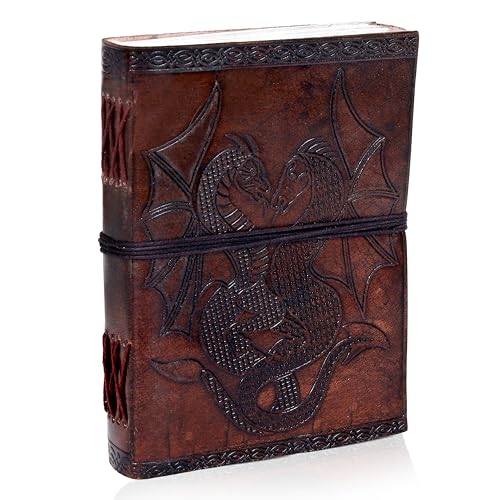 AzureGreen DOUBLE DRAGON Blank Page BOOK Handcrafted Leather Writing Unlined 5 x 7 JOURNAL (Brown) - Image 1
