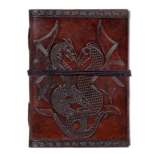 AzureGreen DOUBLE DRAGON Blank Page BOOK Handcrafted Leather Writing Unlined 5 x 7 JOURNAL (Brown) - Image 2