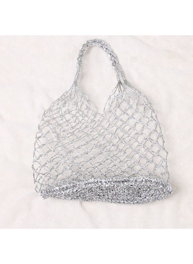 Ins Super Fire Bag Fishing Net Woven Mesh Bag Hollow Straw Bag Women's Fashionable Gold Line Holiday Beach Bag-Color:Silver Wire Without Lining  - Image 1