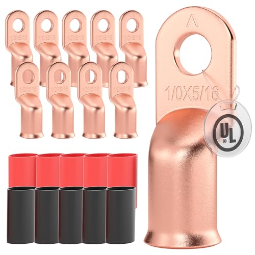 AIRIC 10 PCS UL Listed 1/0 AWG - 5/16" Battery Cable Lugs, Heat Shrink Ring Terminals End, Copper Cable Ends, Wiring Connector Terminal, Electrical Crimp Connectors, Wire Lug for 1/0 Gauge Wires - Image 1