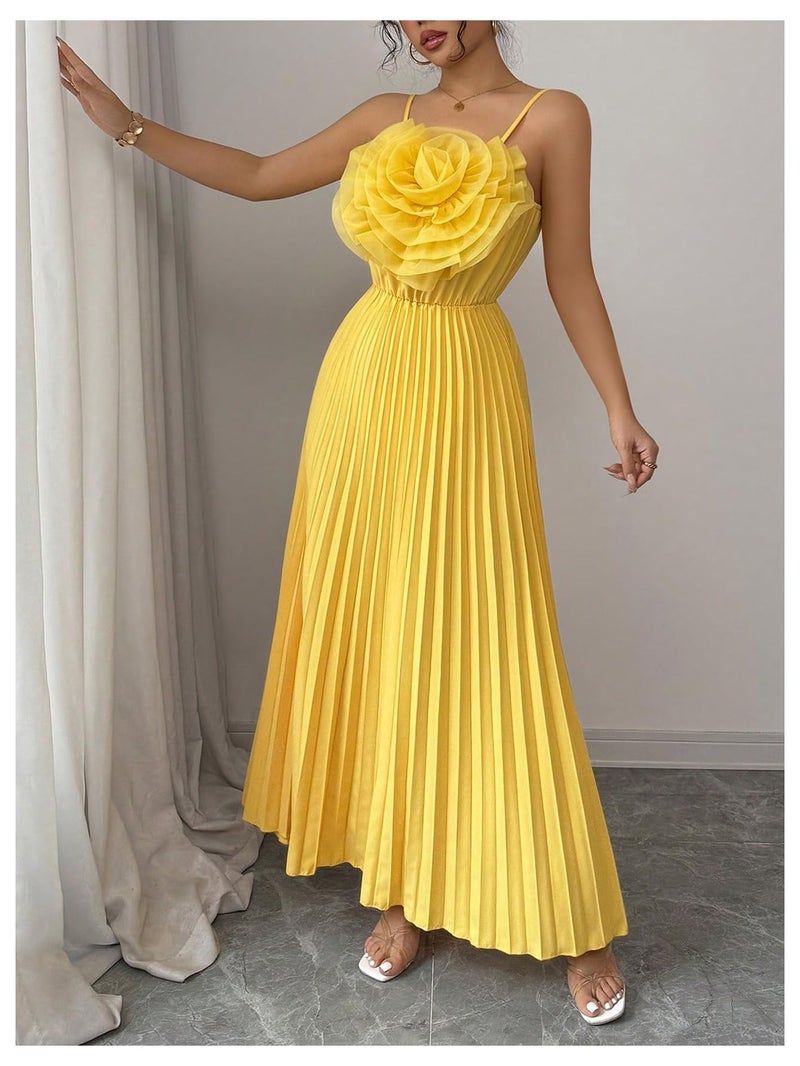 OYOANGLE Women's 3D Floral Spaghetti Strap Cami Dress Pleated Sleeveless Flared Evening Dresses Yellow Small - Image 4
