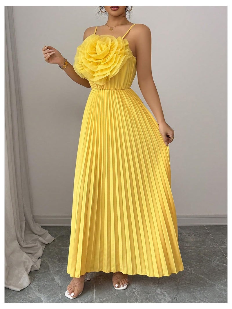 OYOANGLE Women's 3D Floral Spaghetti Strap Cami Dress Pleated Sleeveless Flared Evening Dresses Yellow Small - Image 2