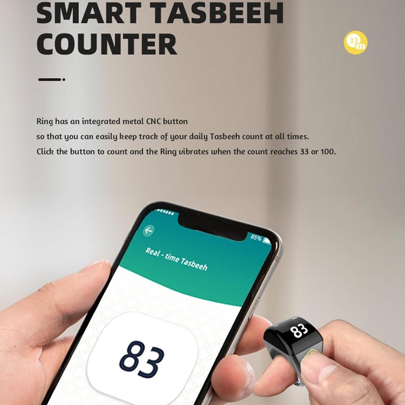 LINJIE Smart Tasbih Ring, Muslim Prayer Reminder with OLED Display, Tasbeeh Counter, IPX7 Waterproof Digital Zikr Ring with Charging Case, 22mm, OLED - Image 3