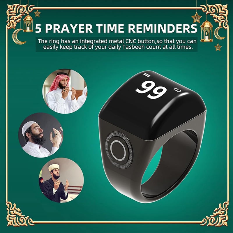 LINJIE Smart Tasbih Ring, Muslim Prayer Reminder with OLED Display, Tasbeeh Counter, IPX7 Waterproof Digital Zikr Ring with Charging Case, 22mm, OLED - Image 2