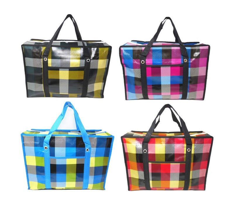 Set of 4 Large Reusable Unbreakable Hard Plastic Fabric Checkered Laundry Bags with Zipper and Handles for Travel Grocery Laundry Shopping Storage MovingSize195x135x75 Colors may vary