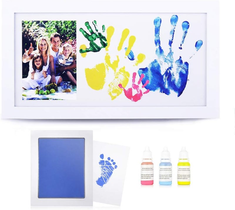 NWK DIY Family Photo  Family HandFootprints Kit with 10 X 17inch Elegant White Wood Picture Frame NonToxic Watercolor Paints Baby Shower Adoption Fathers Day Gift for New Mom Dad with Ink pad - Image 1