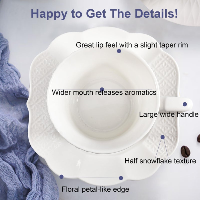 fMBB 12 Pieces 6 oz Tea Cup and Saucer Set, Cappuccino Latte Americano Coffee Cup with Saucer Set of 6, Espresso Double Shot Cup, New Bone Porcelain Embossment Tea Cups, for Cafe Kitchen, Gift Idea, White - Image 5