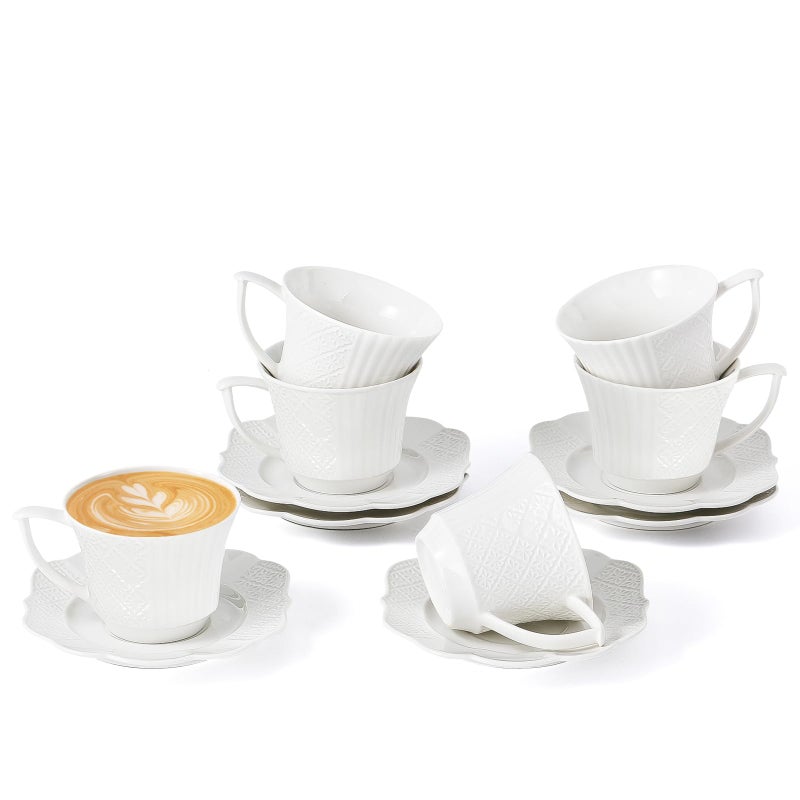 fMBB 12 Pieces 6 oz Tea Cup and Saucer Set, Cappuccino Latte Americano Coffee Cup with Saucer Set of 6, Espresso Double Shot Cup, New Bone Porcelain Embossment Tea Cups, for Cafe Kitchen, Gift Idea, White - Image 1