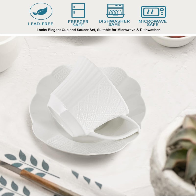 fMBB 12 Pieces 6 oz Tea Cup and Saucer Set, Cappuccino Latte Americano Coffee Cup with Saucer Set of 6, Espresso Double Shot Cup, New Bone Porcelain Embossment Tea Cups, for Cafe Kitchen, Gift Idea, White - Image 4
