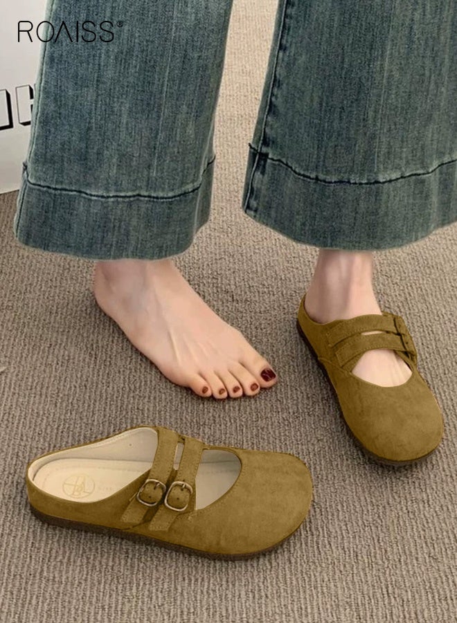 رويس حذاء مسطح كلاسيكي مفتوح الظهر للنساء، حذاء مسطح كاجوال للشاطئ، سهل الارتداء، حذاء مسطح مريح وجيد التهوية، جزء علوي من جلد نوبوك للسيدات، مناسب للارتداء اليومي، باللون الأصفر - Image 1