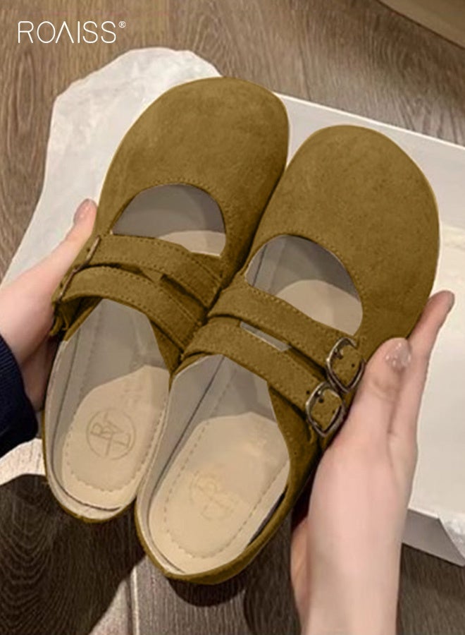 رويس حذاء مسطح كلاسيكي مفتوح الظهر للنساء، حذاء مسطح كاجوال للشاطئ، سهل الارتداء، حذاء مسطح مريح وجيد التهوية، جزء علوي من جلد نوبوك للسيدات، مناسب للارتداء اليومي، باللون الأصفر - Image 3