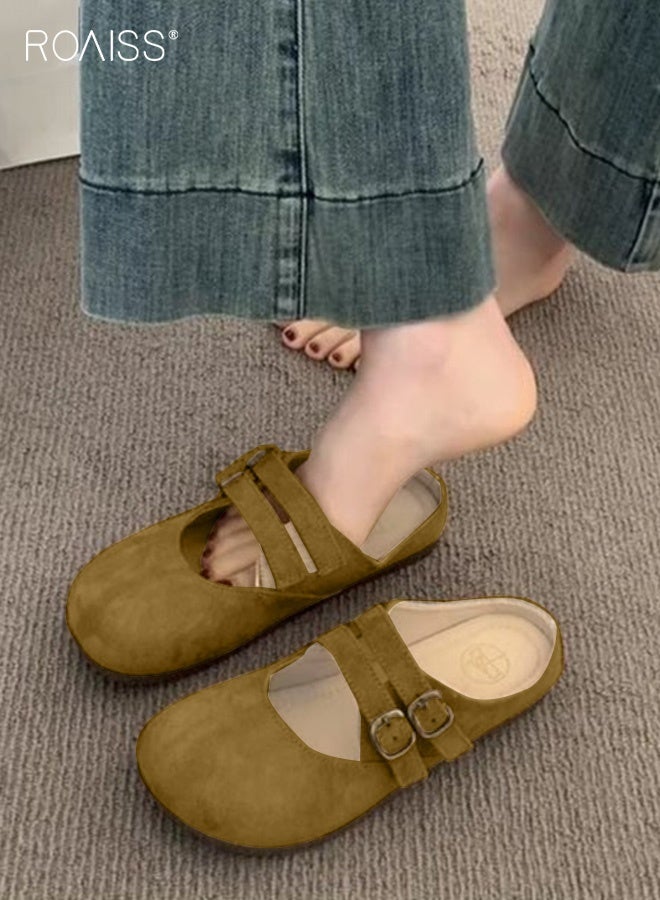 رويس حذاء مسطح كلاسيكي مفتوح الظهر للنساء، حذاء مسطح كاجوال للشاطئ، سهل الارتداء، حذاء مسطح مريح وجيد التهوية، جزء علوي من جلد نوبوك للسيدات، مناسب للارتداء اليومي، باللون الأصفر - Image 2