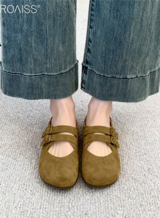 رويس حذاء مسطح كلاسيكي مفتوح الظهر للنساء، حذاء مسطح كاجوال للشاطئ، سهل الارتداء، حذاء مسطح مريح وجيد التهوية، جزء علوي من جلد نوبوك للسيدات، مناسب للارتداء اليومي، باللون الأصفر - Image 5