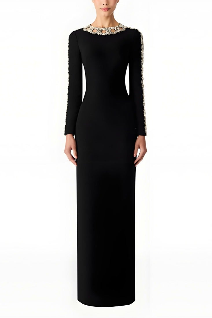 Loquat Women's Hollowed Long Sleeves Rhinestone Beaded Decoration Maxi Gown Dresses Black - Image 1