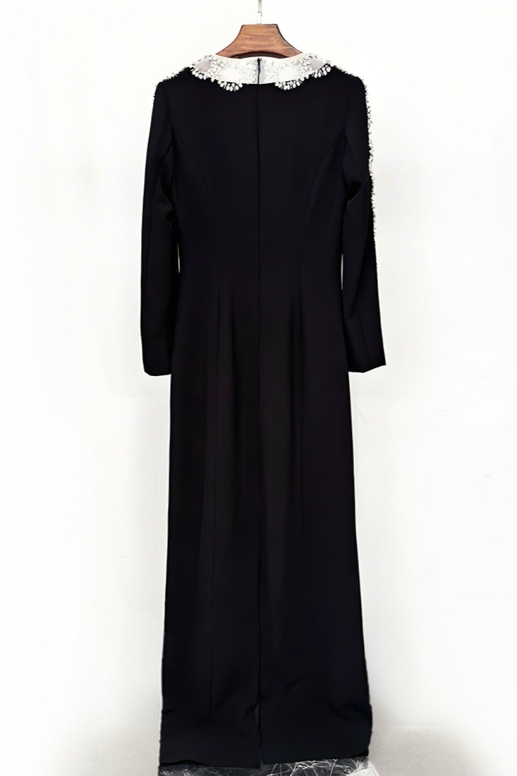 Loquat Women's Hollowed Long Sleeves Rhinestone Beaded Decoration Maxi Gown Dresses Black - Image 2