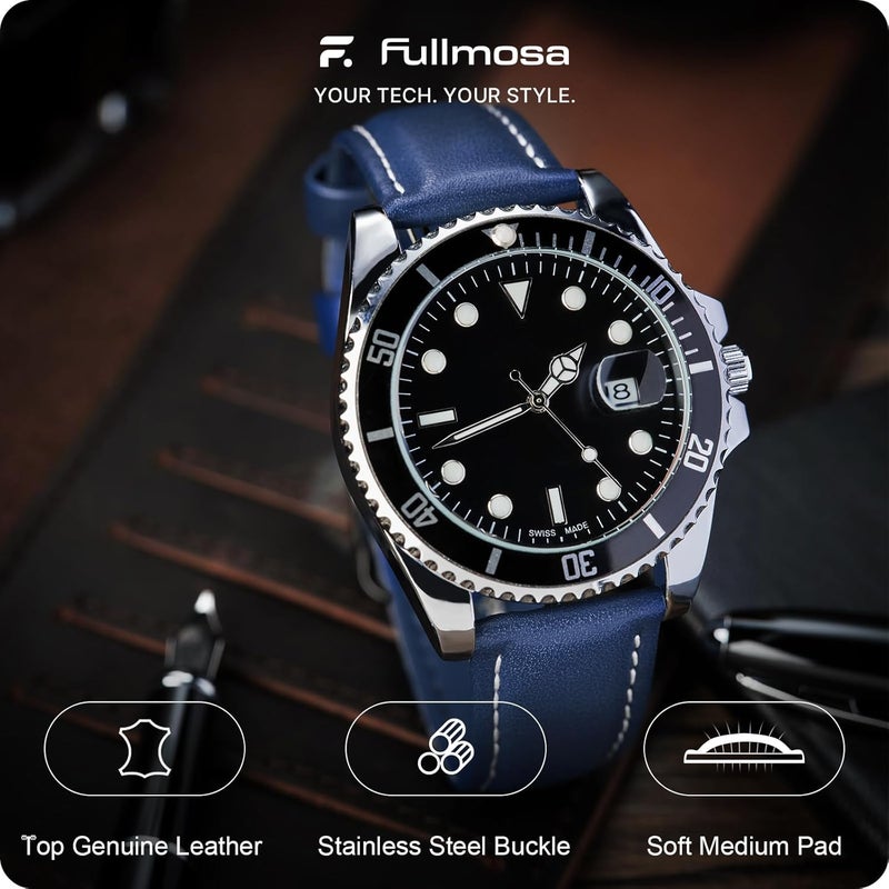 Fullmosa Watch Strap 20mm 18mm 19mm 22mm 24mm,Axus Genuine Leather Watch Band with Quick Release for Men Women,20mm Dark Blue - Image 2