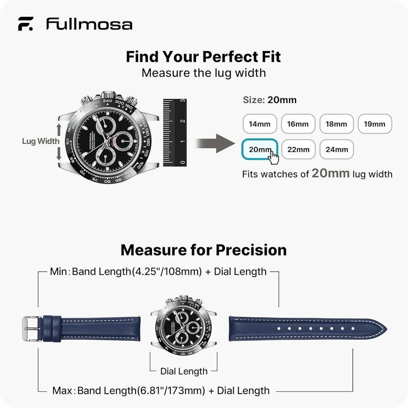 Fullmosa Watch Strap 20mm 18mm 19mm 22mm 24mm,Axus Genuine Leather Watch Band with Quick Release for Men Women,20mm Dark Blue - Image 5