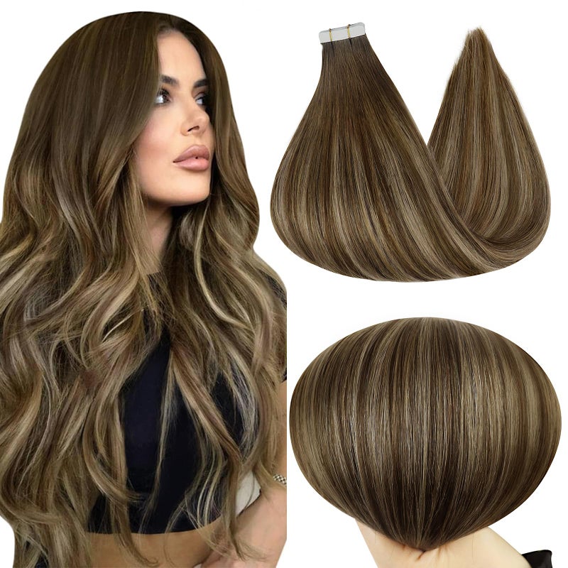 Full Shine 22Inch Tape in Hair Extensions Color 4 Brown Ombre 24 Blonde and 4 Seamless Hair Extensions Tape in Glue in Hair Extensions Skin Weft Tape in Hair Extensions Human Hair 50G 20Pcs for Women - Image 1