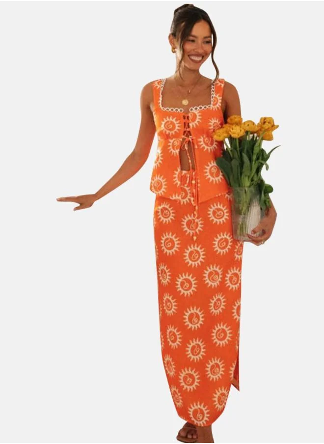 يونيكي Orange Printed Sleeveless Top With Skirt