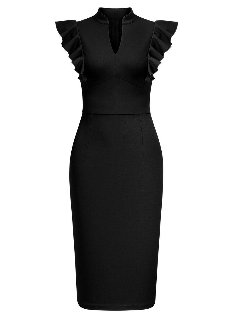 Knitee Women's Vintage Ruffle Sleeve V-Neck Bodycon Evening Party Cocktail Pencil Sheath Dress (Black, Medium) - Image 3