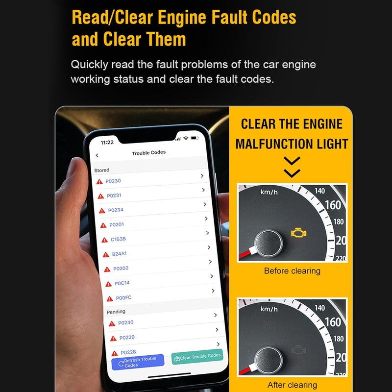 كاست ويف ماسح OBD2 بلوتوث 4.0، أداة فحص تشخيصية لاسلكية للسيارات مع تطبيق OBD2 للاتصال التلقائي بالهاتف، أداة قراءة وإعادة ضبط أكواد أعطال محرك السيارة لأنظمة iOS/Android - Image 2