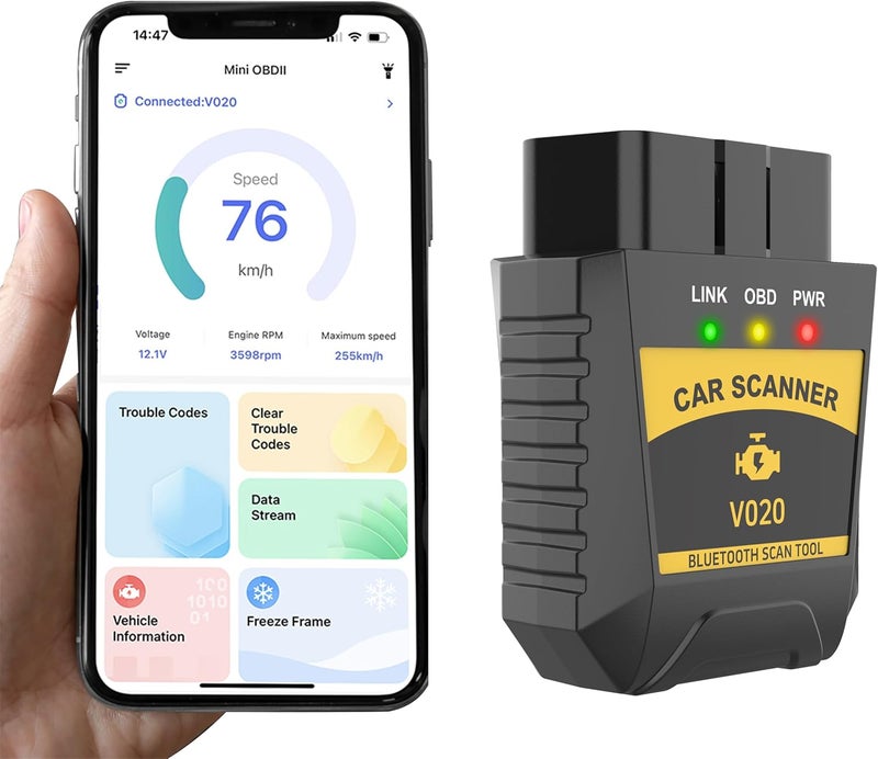 كاست ويف ماسح OBD2 بلوتوث 4.0، أداة فحص تشخيصية لاسلكية للسيارات مع تطبيق OBD2 للاتصال التلقائي بالهاتف، أداة قراءة وإعادة ضبط أكواد أعطال محرك السيارة لأنظمة iOS/Android - Image 1