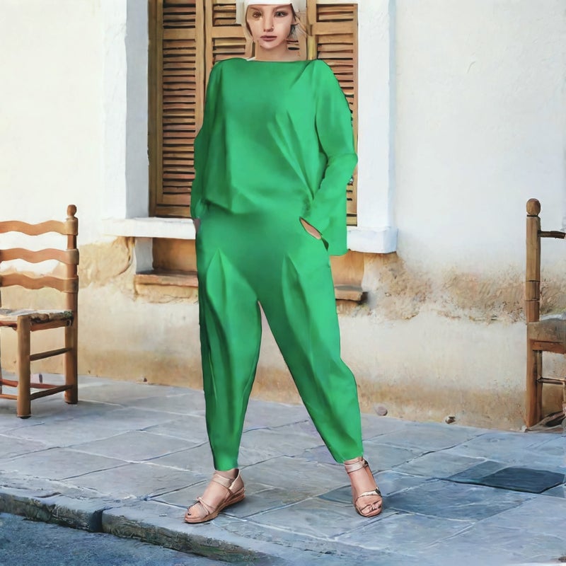 طقم نسائي طويل الأكمام بياقة دائرية مع بنطلون جيوب - Image 2
