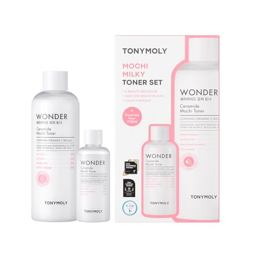 TONYMOLY Wonder Ceramide Mochi Milky Toner Set Korean Hydrating Toner with Ceramides Hyaluronic Acid Cica Barrier Repair Glass Skin Hydration Jumbo 500ml 100ml Travel Size Value Size Duo - Image 1