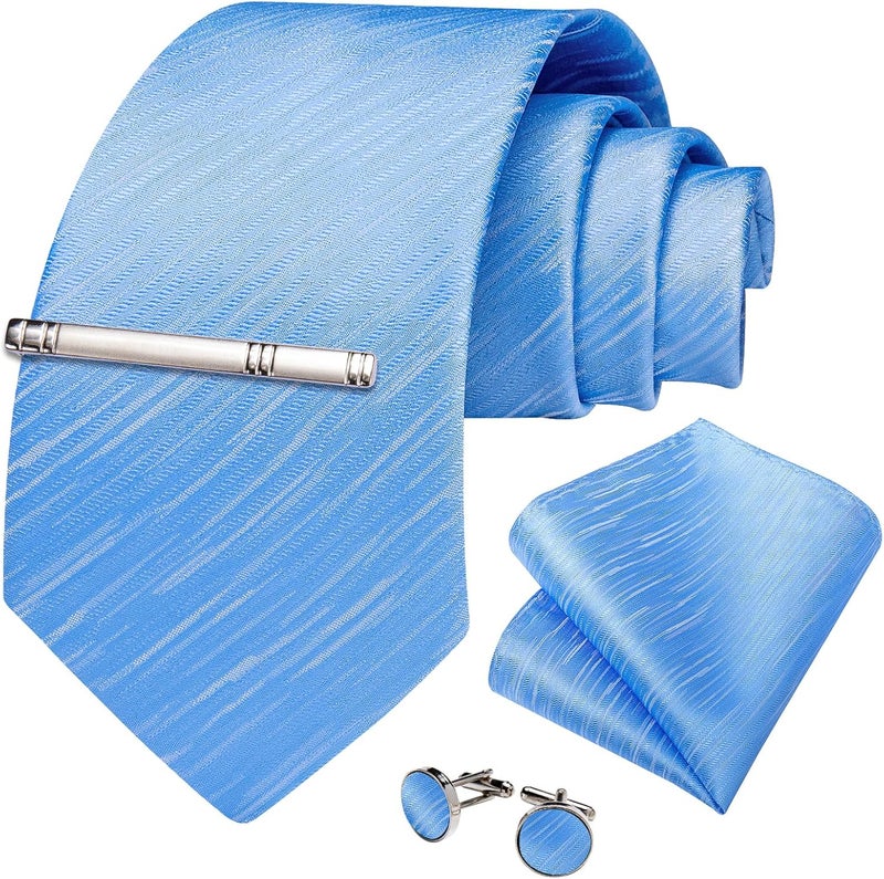 DiBanGu Mens Silk Necktie Solid Color Tie and Pocket Square Cufflink Tie Clip Set Woven Plain Ties for Men Wedding Party - Image 3