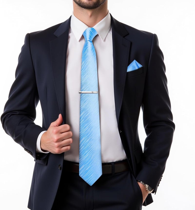 DiBanGu Mens Silk Necktie Solid Color Tie and Pocket Square Cufflink Tie Clip Set Woven Plain Ties for Men Wedding Party - Image 2