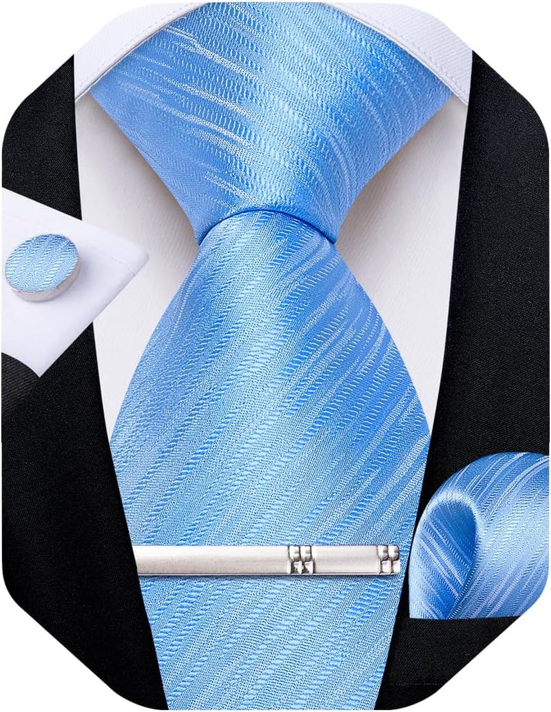 DiBanGu Mens Silk Necktie Solid Color Tie and Pocket Square Cufflink Tie Clip Set Woven Plain Ties for Men Wedding Party - Image 1