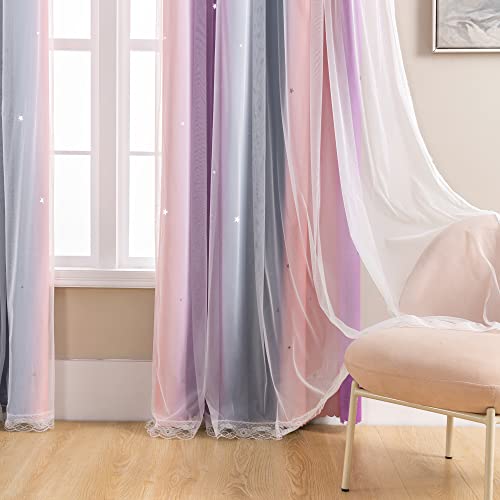 XiDi Blackout Curtains for Girls Bedroom 63 inches Length 2 Panels Set Kids Room Decro Unicorn Princess Theme Home Decor GreyPinkPurple W34 X L63 2 Panels - Image 3