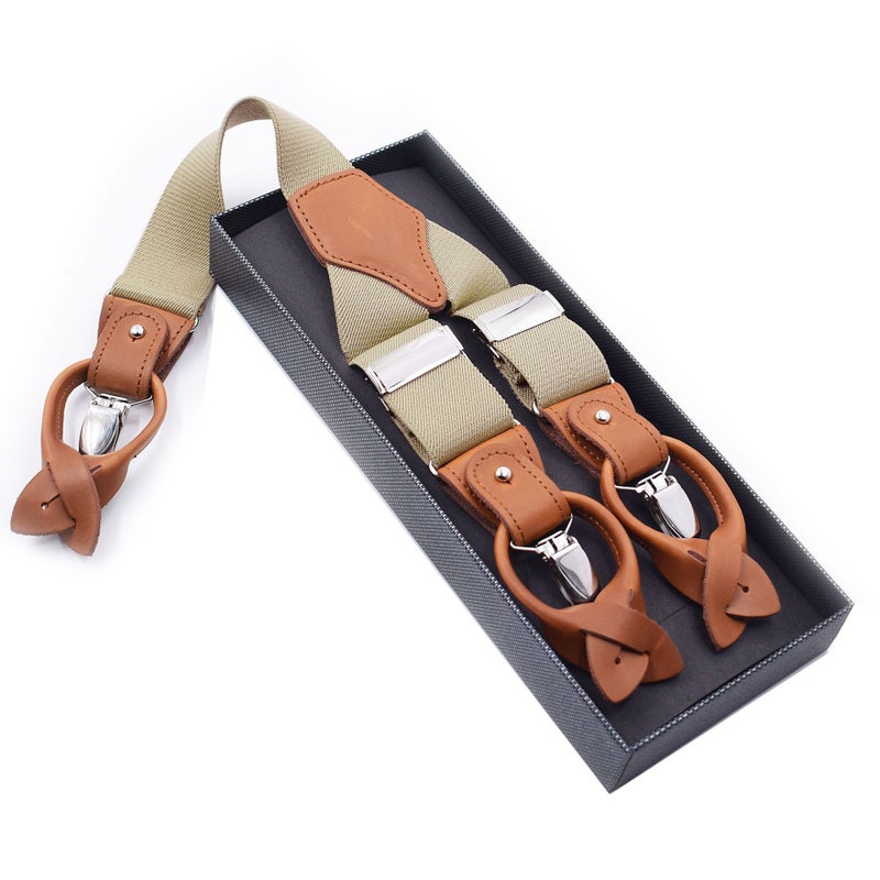 Mens Trendy Suspenders 3.5cm Adjustable Elastic 6 Clips Casual Straps Creamy-white 