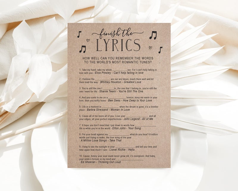Your Main Event Prints Wedding Bridal Shower Games â€“ Fun Activities in Kraft Minimalist Style, Finish The Lyrics Game with Kraft Design - Image 5