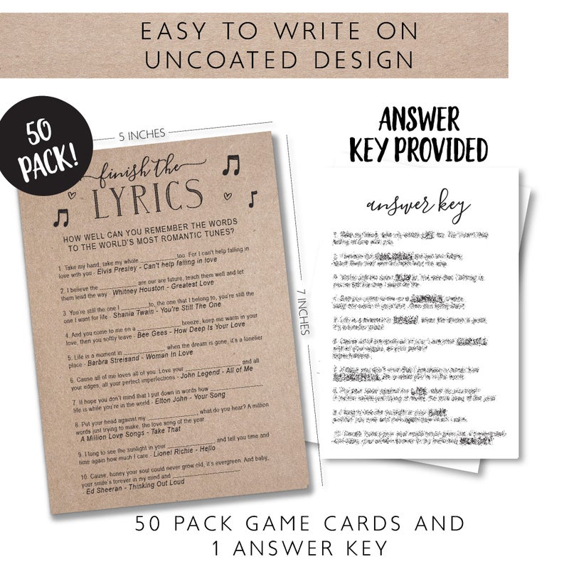 Your Main Event Prints Wedding Bridal Shower Games â€“ Fun Activities in Kraft Minimalist Style, Finish The Lyrics Game with Kraft Design - Image 2