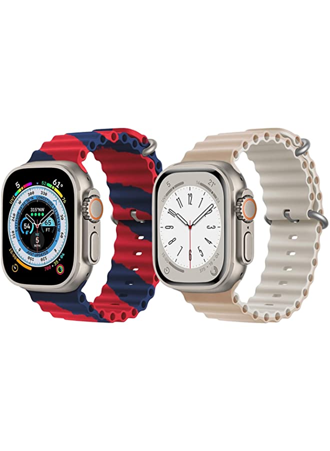 vesus Silicone Ocean Band Strap for Apple Watch Ultra 8 49mm Red/Blue Double Line Strap with Beige/White Double Side Strap Set of 2