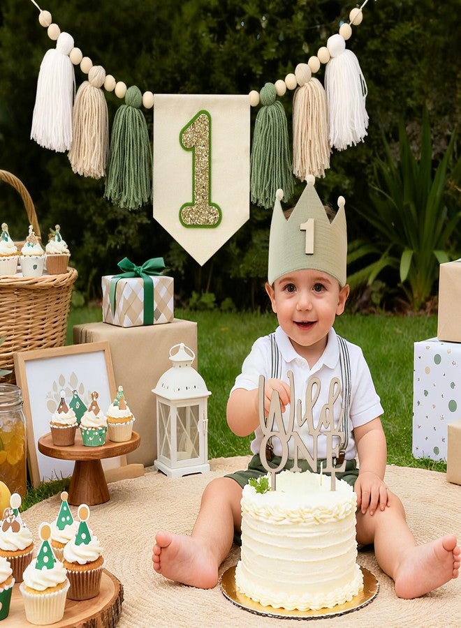 DCJHFJ Wild One High Chair Banner For 1st Birthday Party Boy Decorations With Green Tassel Garland Crown Hat Wild One Cake Topper - Image 4