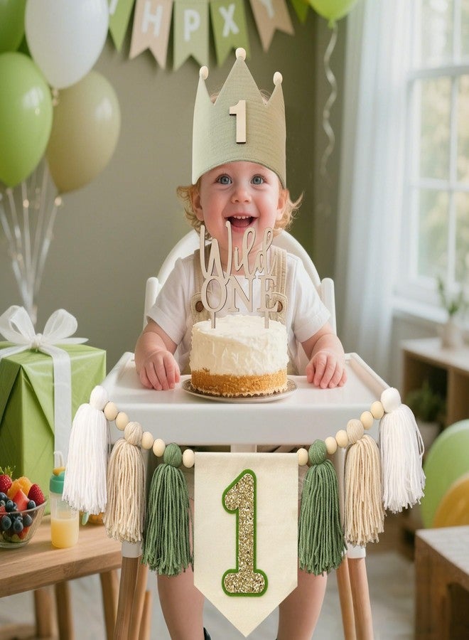 DCJHFJ Wild One High Chair Banner For 1st Birthday Party Boy Decorations With Green Tassel Garland Crown Hat Wild One Cake Topper - Image 3