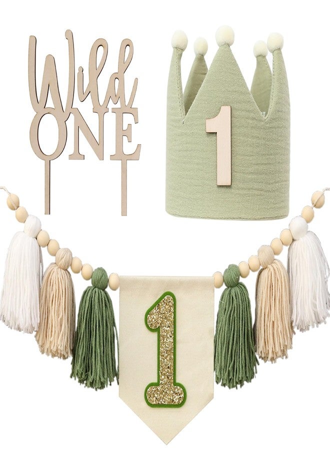 DCJHFJ Wild One High Chair Banner For 1st Birthday Party Boy Decorations With Green Tassel Garland Crown Hat Wild One Cake Topper - Image 1