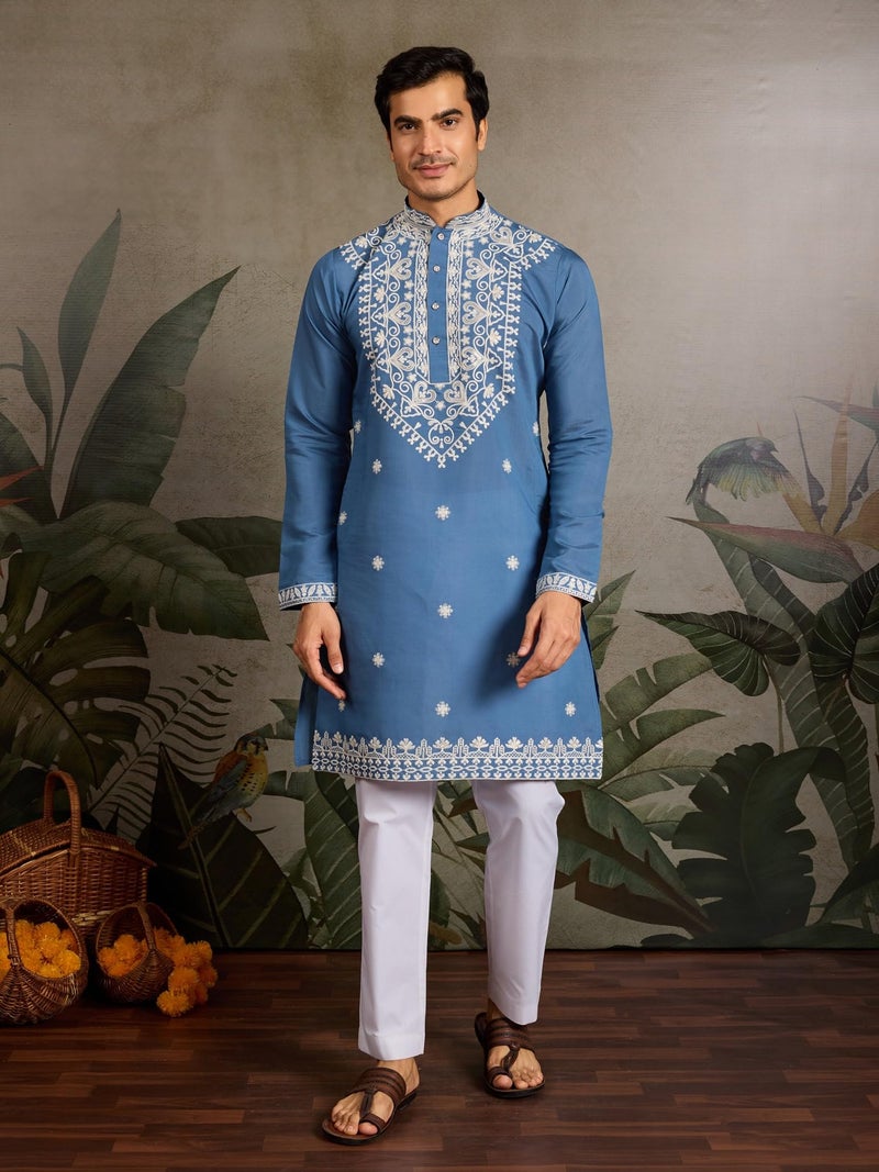 Kalaanj Men's Embroidered Silk Kurta || Only Kurta (KALSS2504MK-Blue-XXL) - Image 3