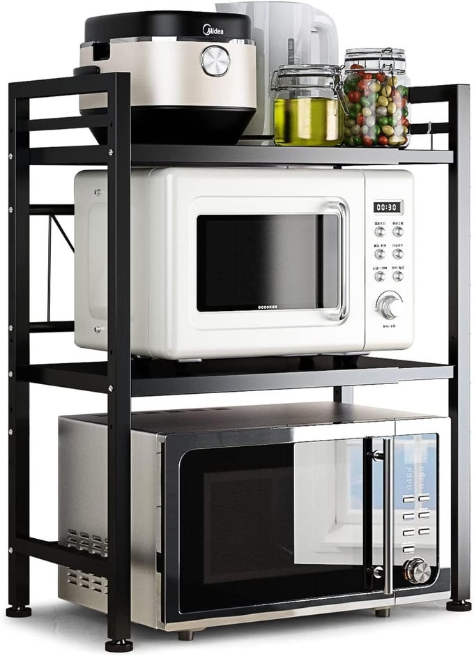MICROWAVE OVEN RACK EXPANDABLE MICROWAVE STAND COUNTERTOP KITCHEN UTENSILS TABLEWARE STORAGE CARBON STEEL OVER MICROWAVE SHELF COUNTERTOP WITH 3 HOOKS